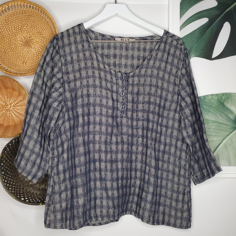FLAX Linen Gingham Plaid Shirt Lagenlook Boho Gray